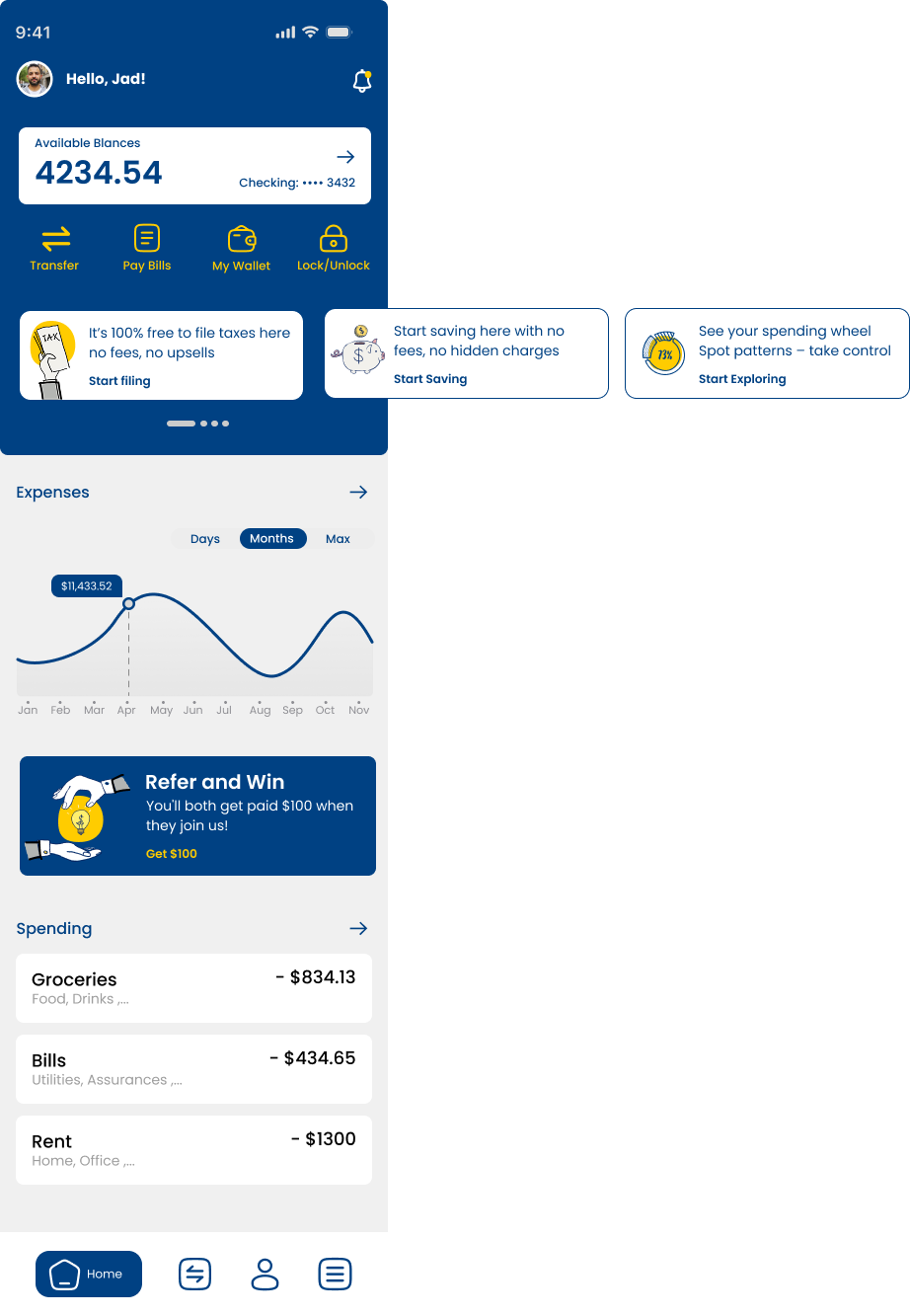 Home dashboard with balance, quick actions, expenses chart, and spending breakdown